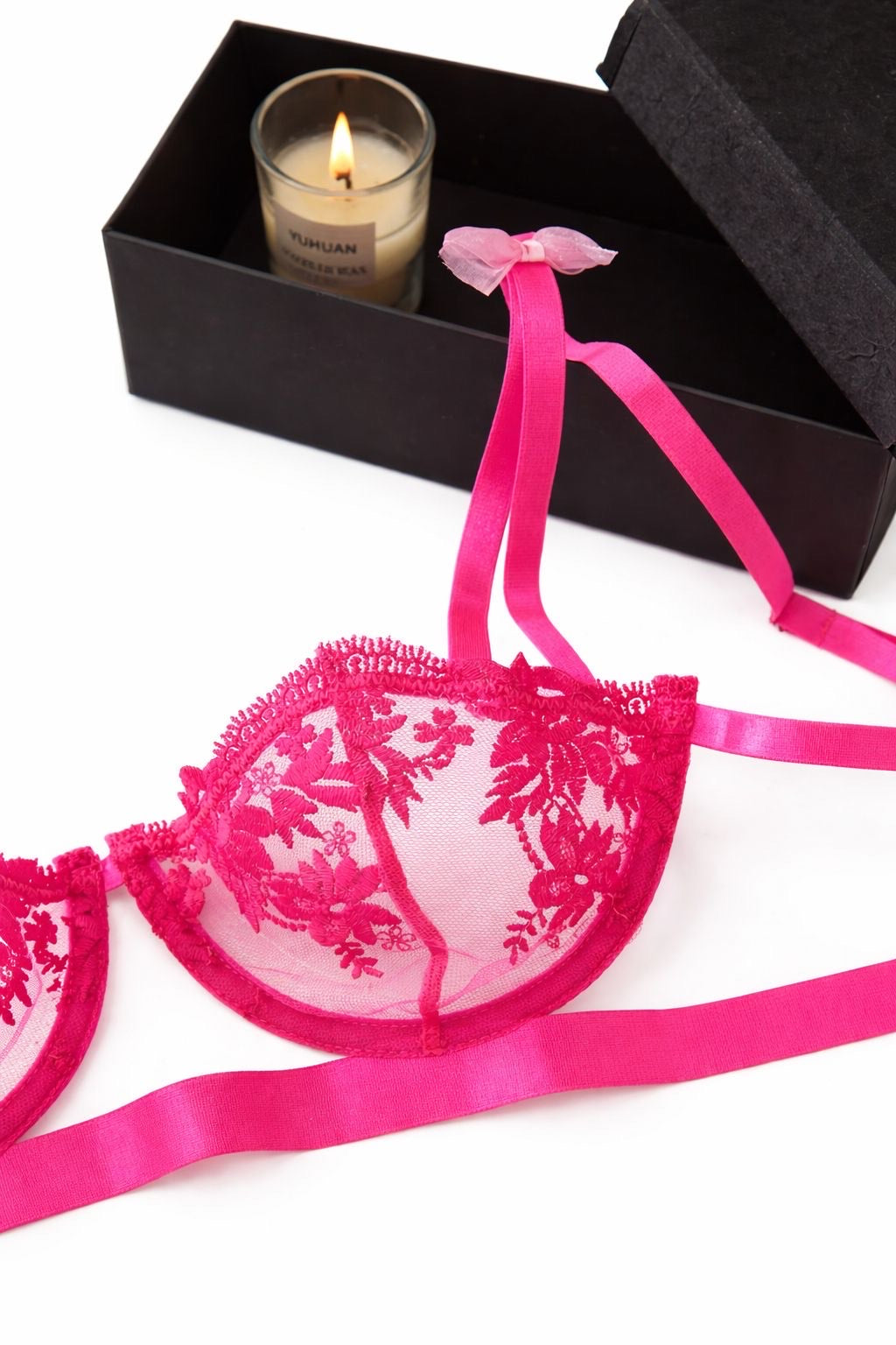 Hot Pink Floral Lace Sheer Bra & Thong Lingerie Set