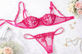 Hot Pink Floral Lace Sheer Bra & Thong Lingerie Set