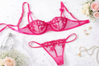 Hot Pink Floral Lace Sheer Bra & Thong Lingerie Set