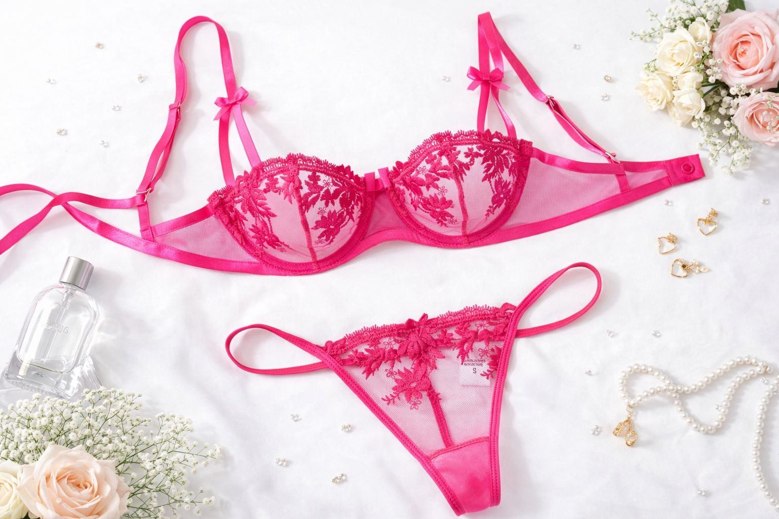 Hot Pink Floral Lace Sheer Bra & Thong Lingerie Set