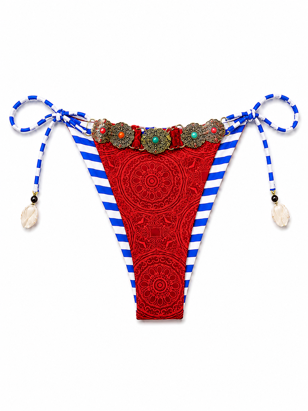 Bohemian Red Paisley Triangle Bikini Set – Adjustable Tie-Side Swimwear