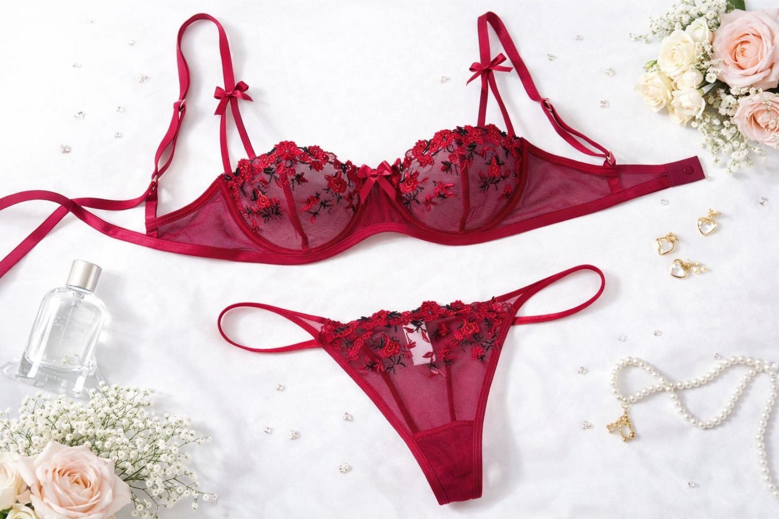 Red Embroidered Lace Bra & Panty Set