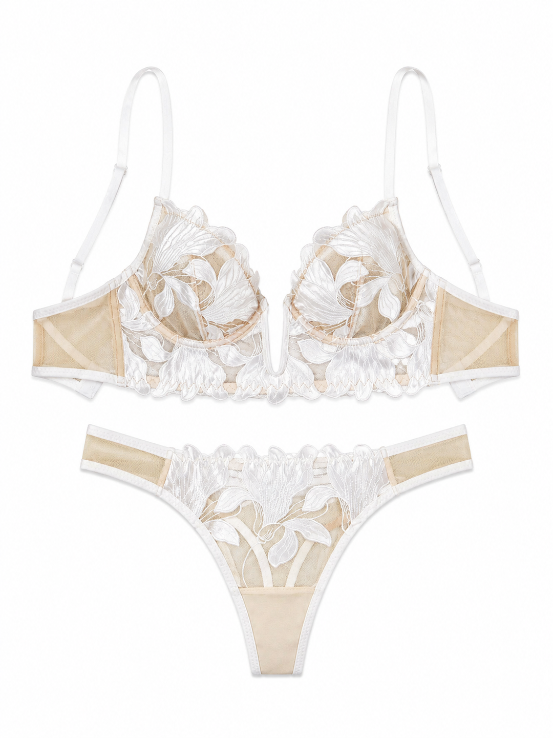 Elegant Floral Embroidered Lingerie Set – Ivory