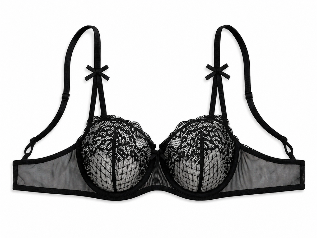Midnight lace underwire lingerie set – black sheer bra & thong
