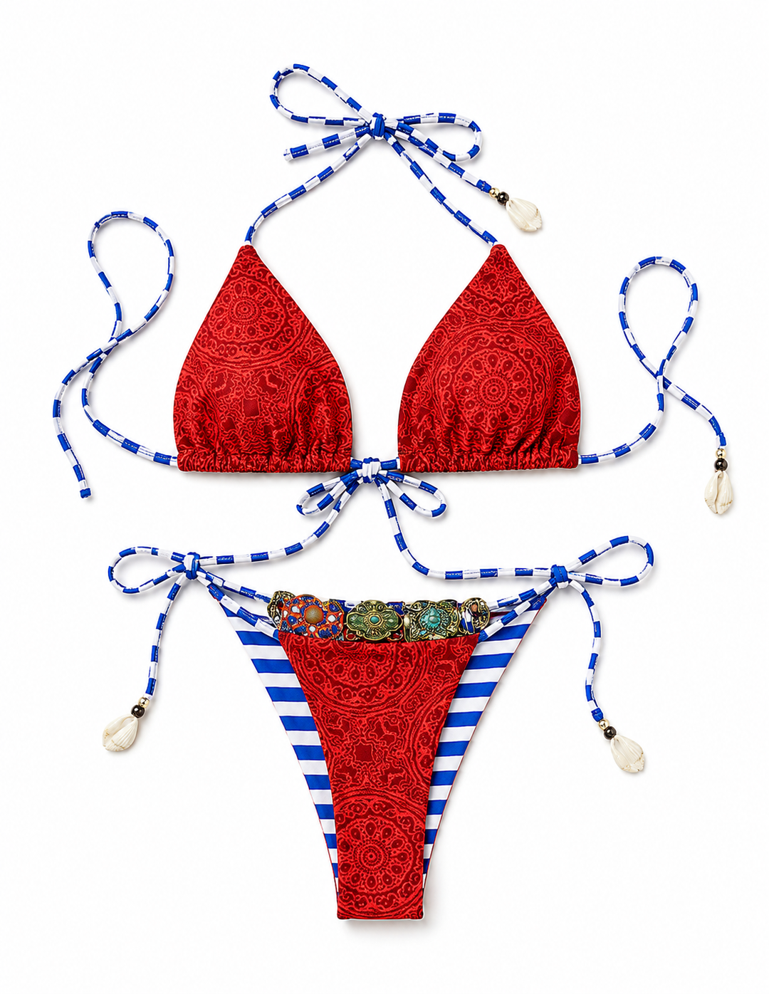Bohemian Red Paisley Triangle Bikini Set – Adjustable Tie-Side Swimwear