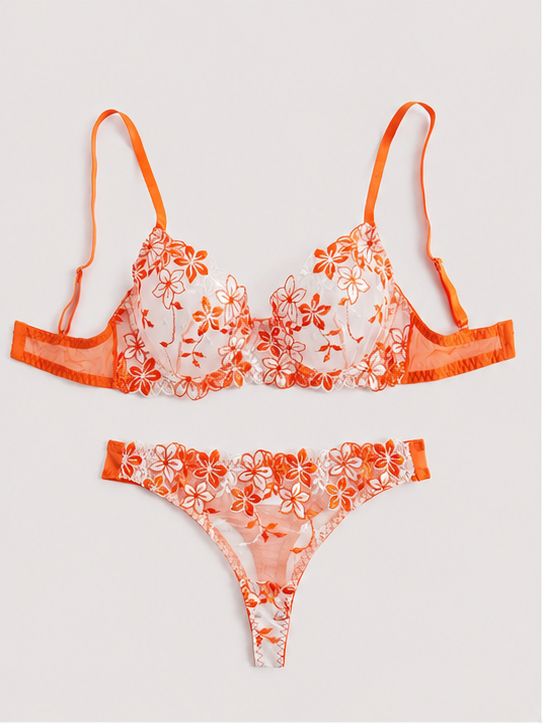 Scarlet Bloom Embroidered Lingerie Set