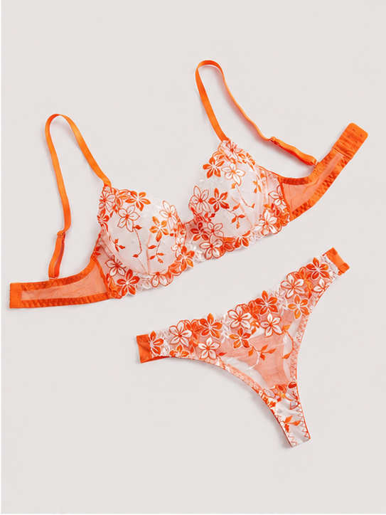 Scarlet bloom embroidered lingerie set