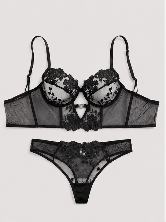 Scarlet Luxe Embroidered Mesh Lingerie Set