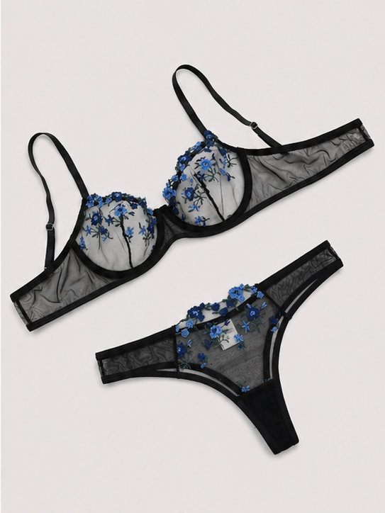 Blue Ruby Blossom Embroidered Lingerie Set