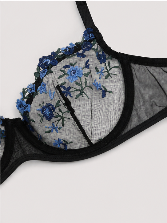 Blue Ruby Blossom Embroidered Lingerie Set