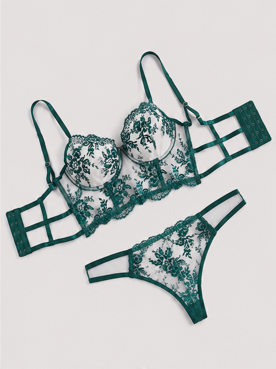 Emerald Green Floral Lace Embroidered Lingerie Set for Women