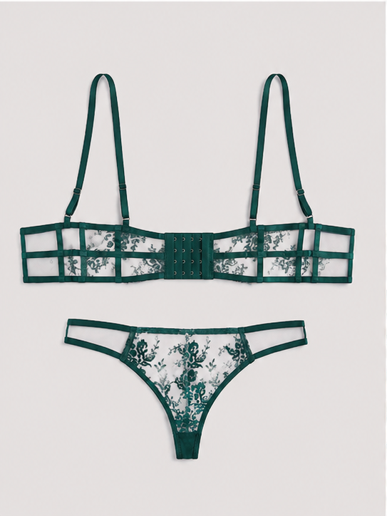 Emerald Green Floral Lace Embroidered Lingerie Set for Women