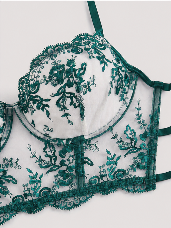 Emerald Green Floral Lace Embroidered Lingerie Set for Women