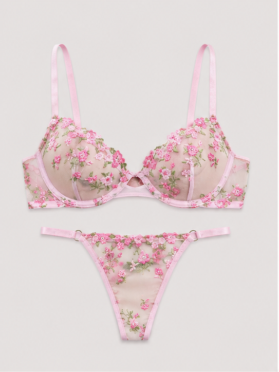 Blush Pink Floral Embroidered Sheer Lingerie Set for Women