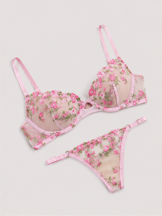 Blush pink floral embroidered sheer lingerie set for women