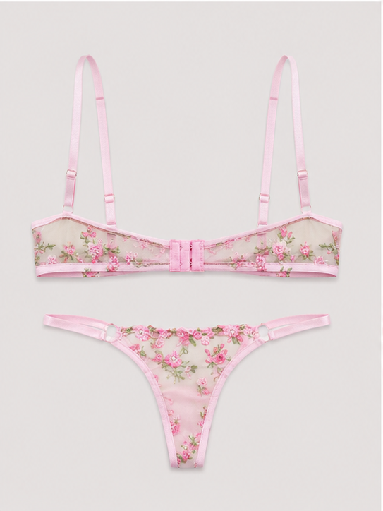 Blush Pink Floral Embroidered Sheer Lingerie Set for Women