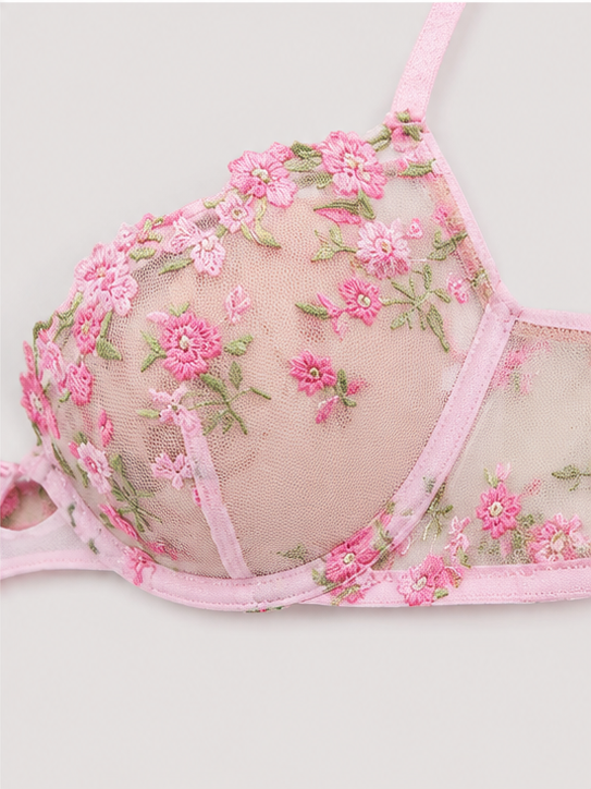 Blush Pink Floral Embroidered Sheer Lingerie Set for Women