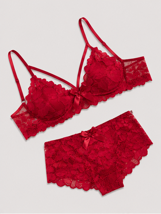 Luxury Red Floral Lace Push-Up Lingerie Set for Women