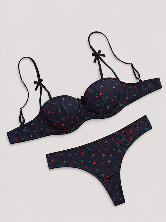 Midnight Blue Cherry Print Lingerie Set for Women