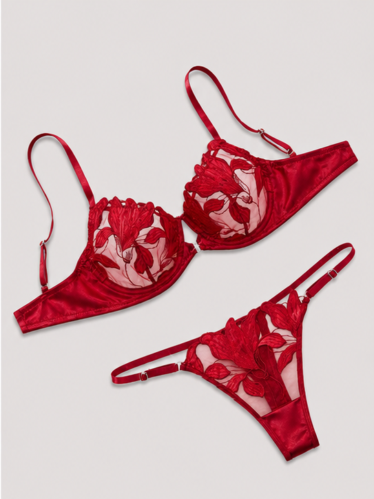 Red floral lace lingerie set