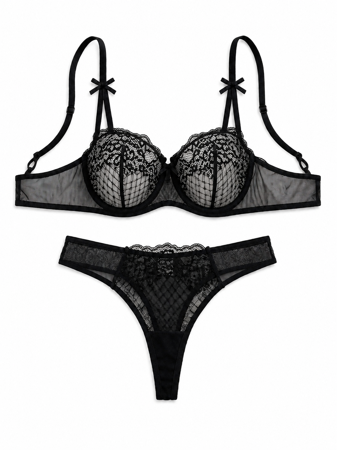 Midnight Lace Underwire Lingerie Set – Black Sheer Bra & Thong
