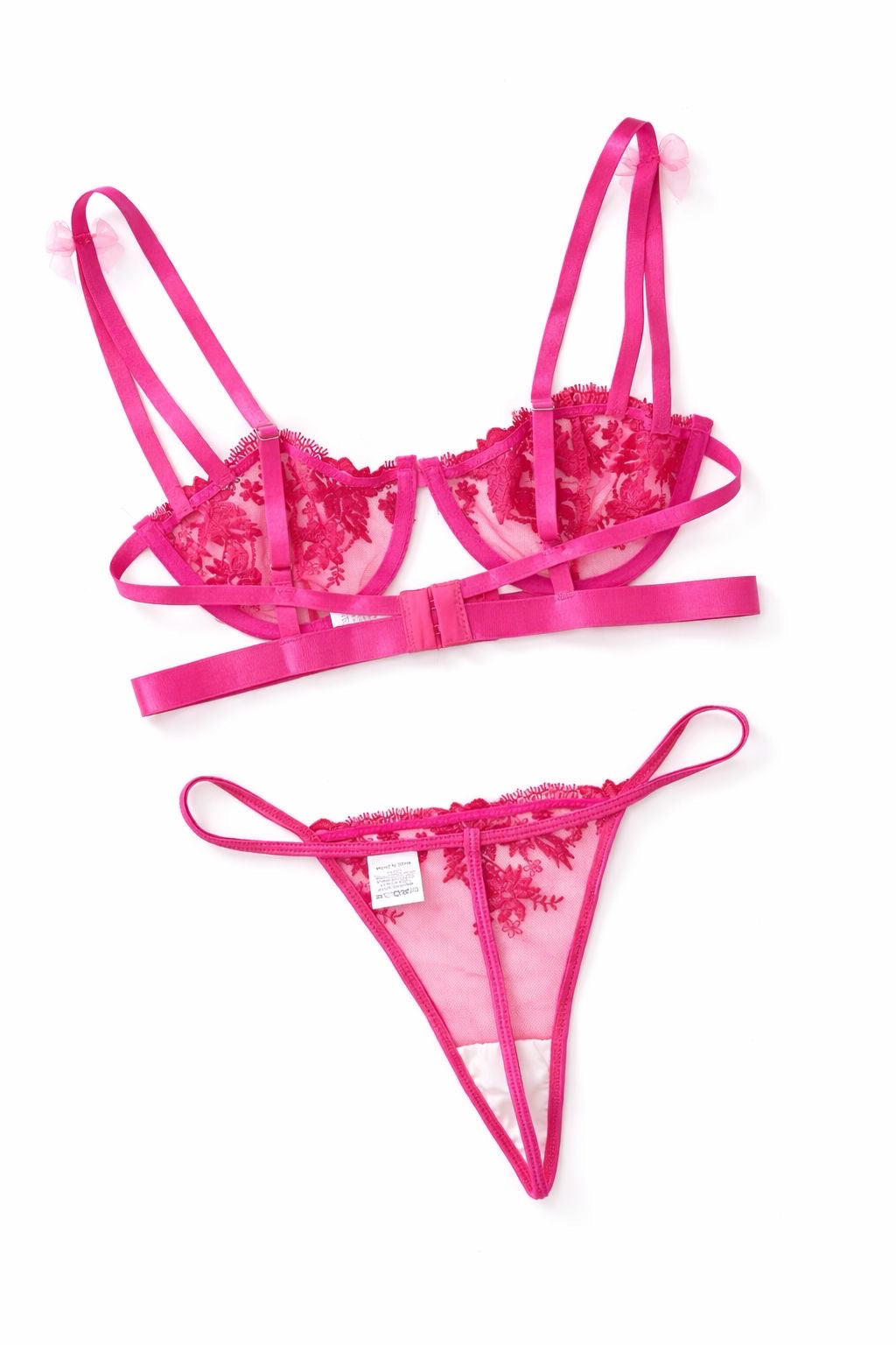 Hot Pink Floral Lace Sheer Bra & Thong Lingerie Set